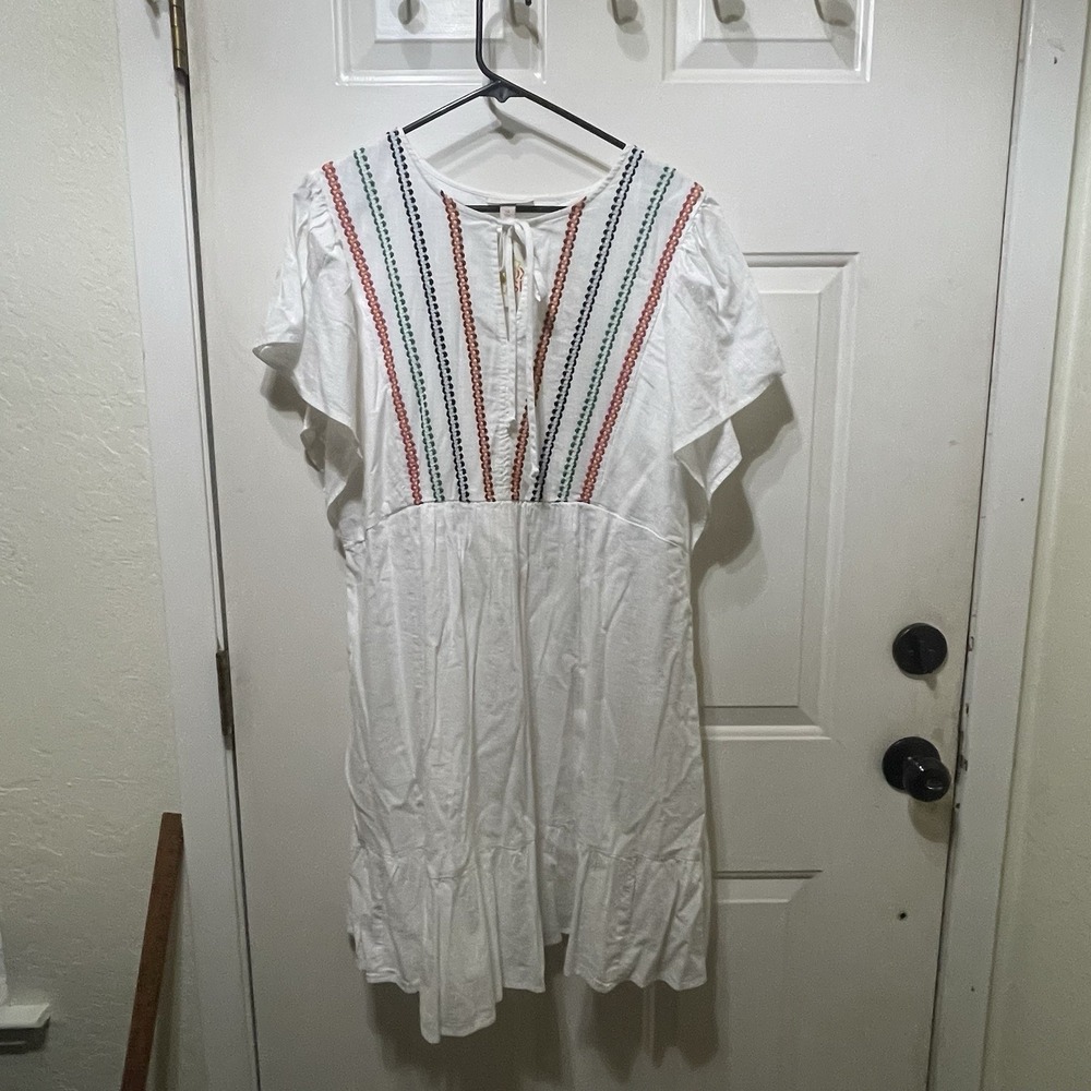 NWT Knox Rose Womens White Lined Tired Embroidered Tunic Dress Pockets Boho 2X